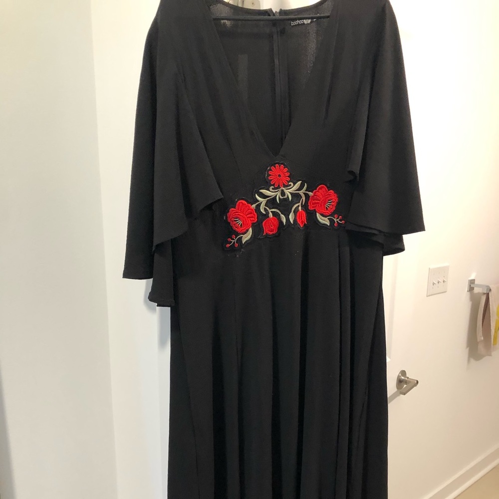 Black maxi dress with floral embroidery
